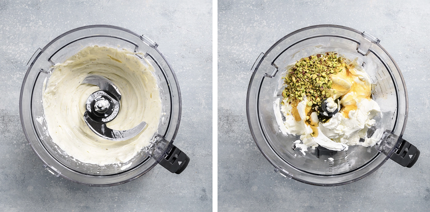 whole milk Greek yogurt, honey, and chopped pistachios in a blender. whole milk Greek yogurt, honey, and chopped pistachios blended in a blender.