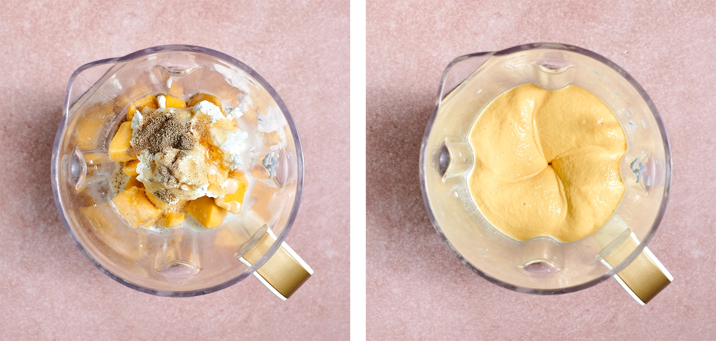 Mango, Greek yogurt, milk, cardamom, and sugar in a blender