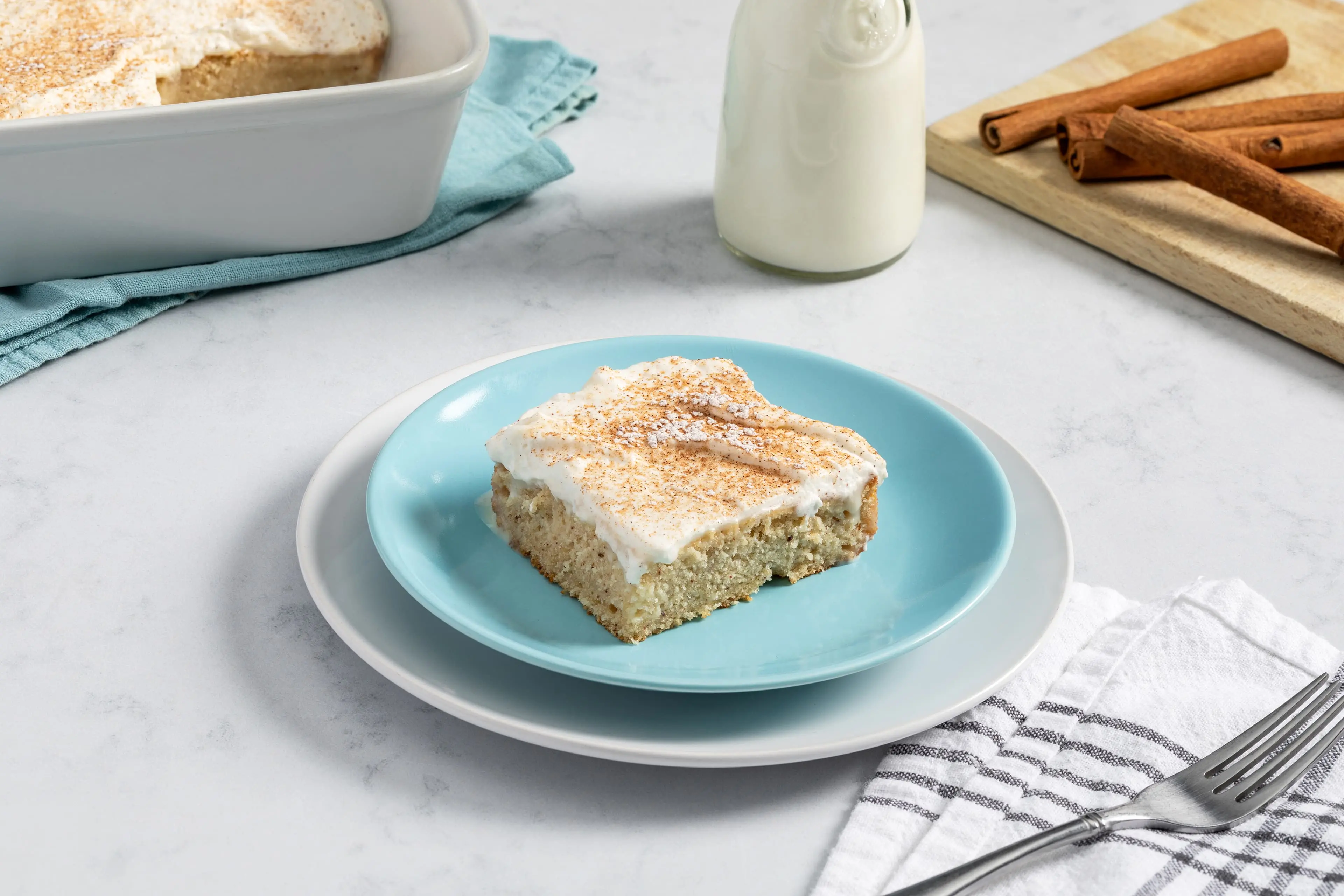 A slice of eggnog tres leches cake