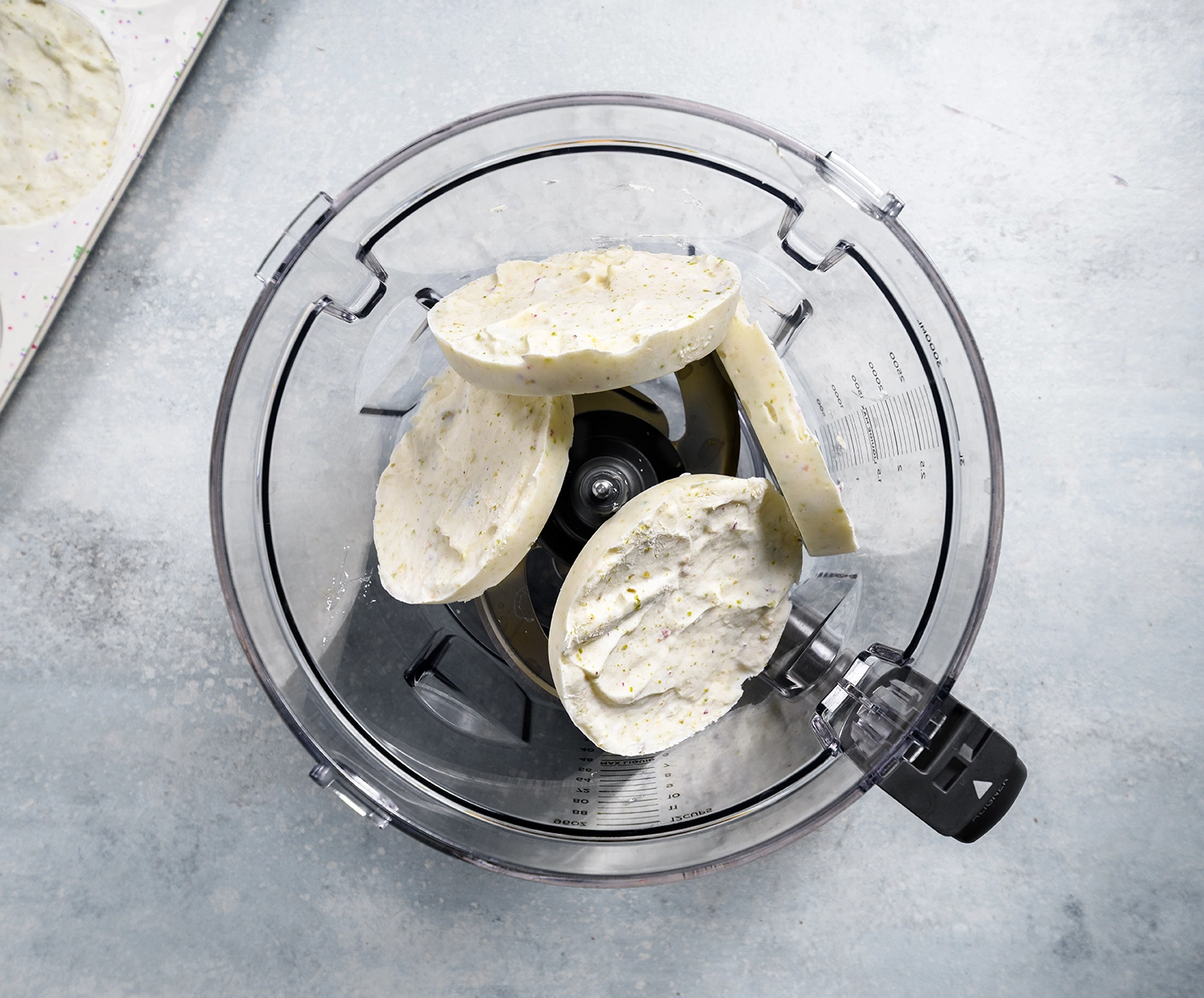 pistachio frozen yogurt in a blender.