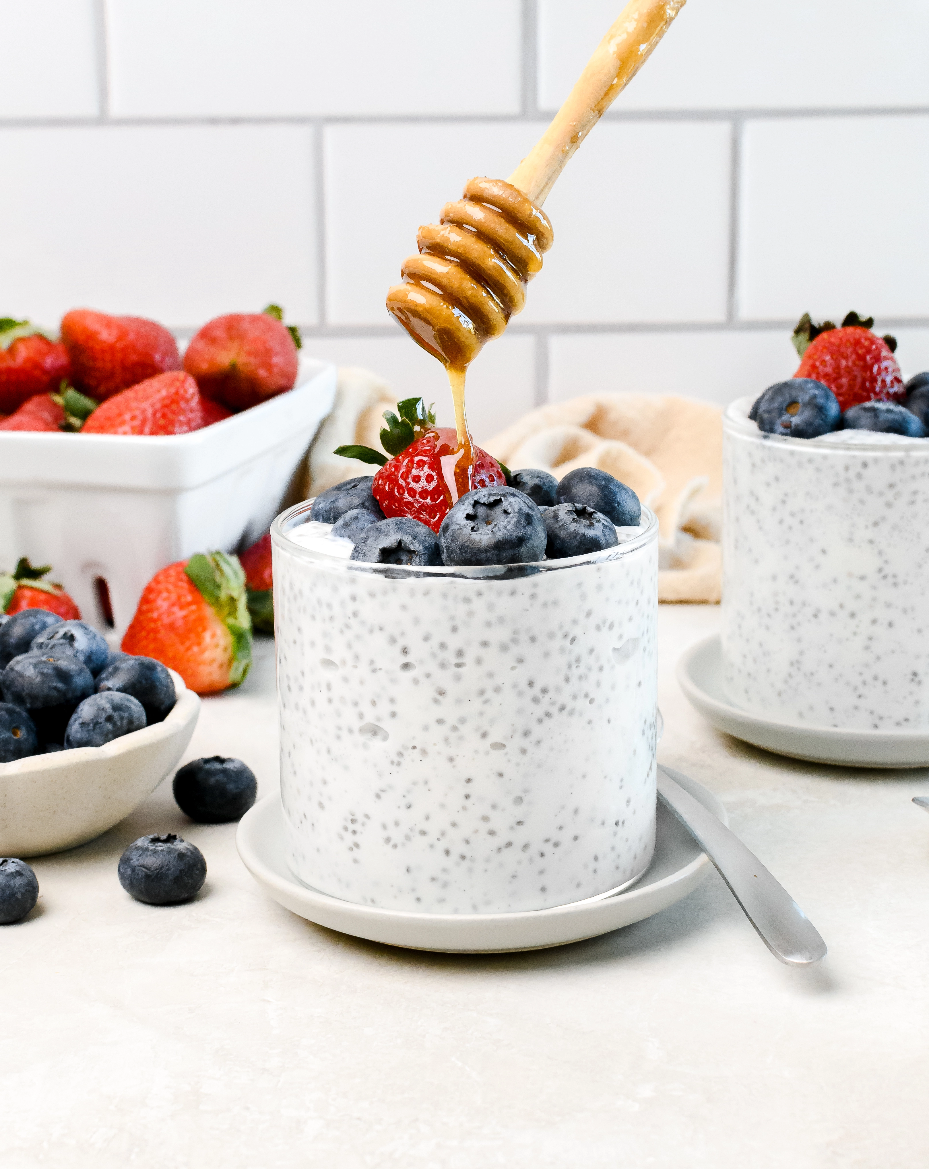 Chia seed pudding with Greek yogurt drizzled with honey.