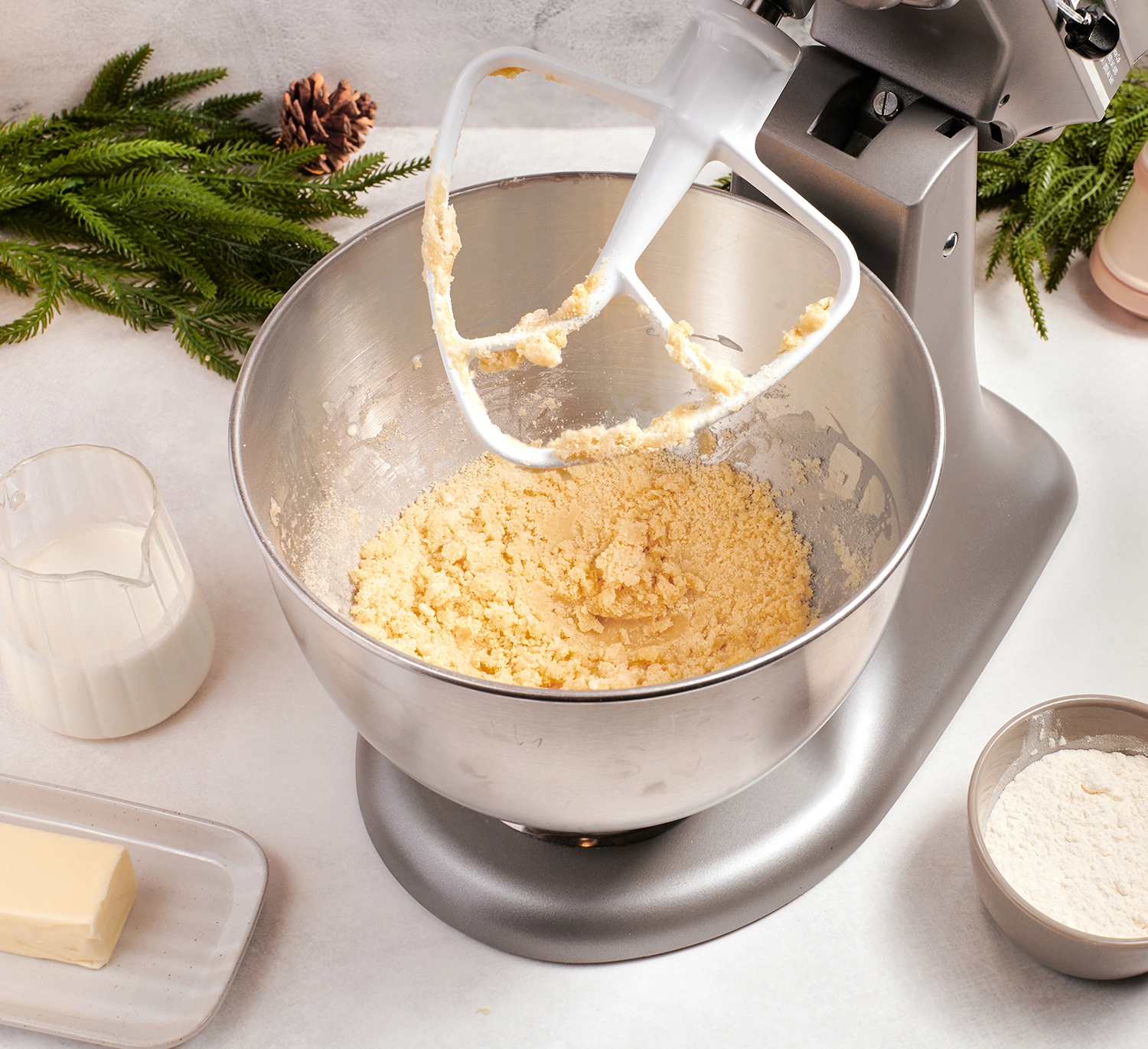 Butter, sugar and peppermint and vanilla in a large mixer bowl