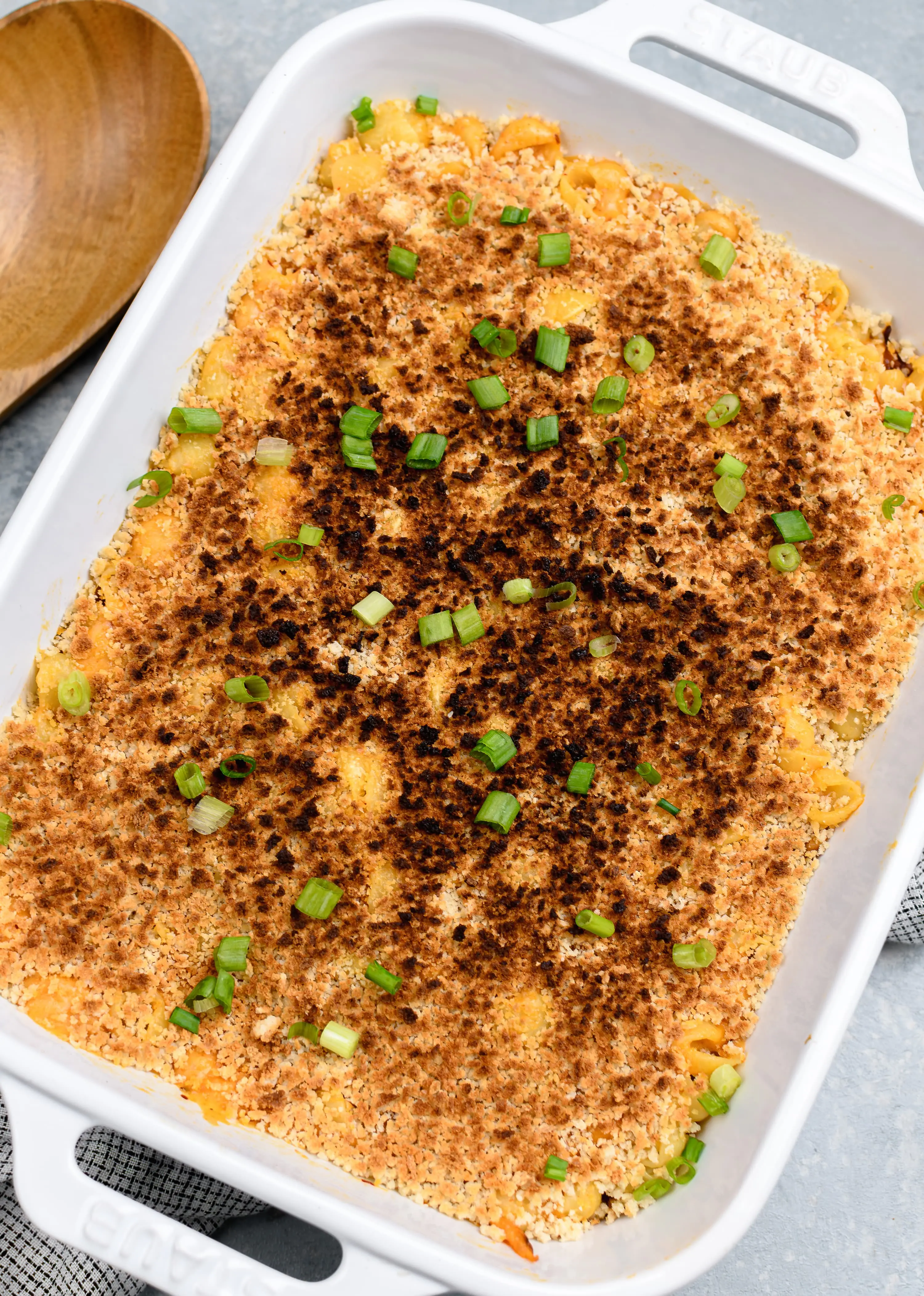 Three-cheese kimchi mac and cheese with gochujang.