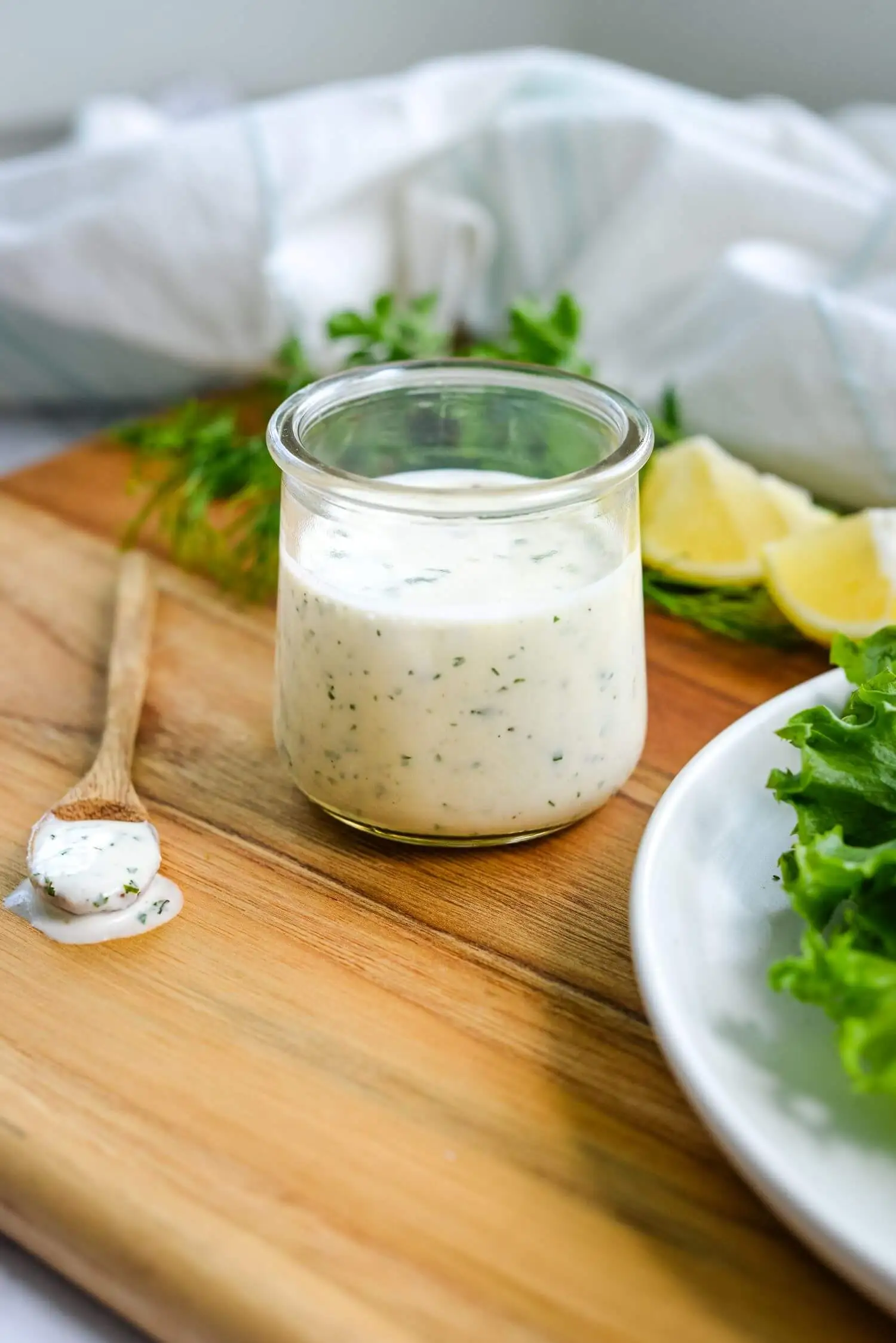 A close-up shot of completed and served kefir ranch dressing.