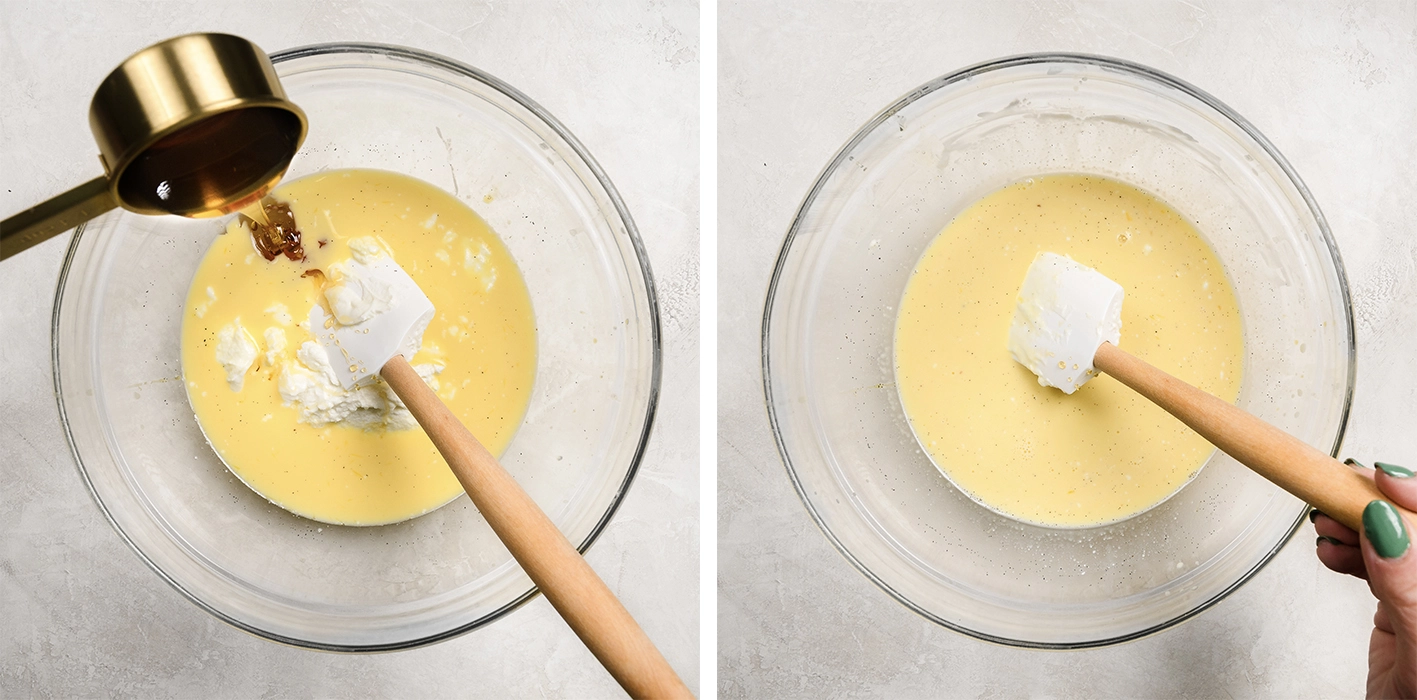 Whisked eggs in a bowl with Greek yogurt and maple syrup added. Whisked eggs in a bowl with Greek yogurt and maple syrup.