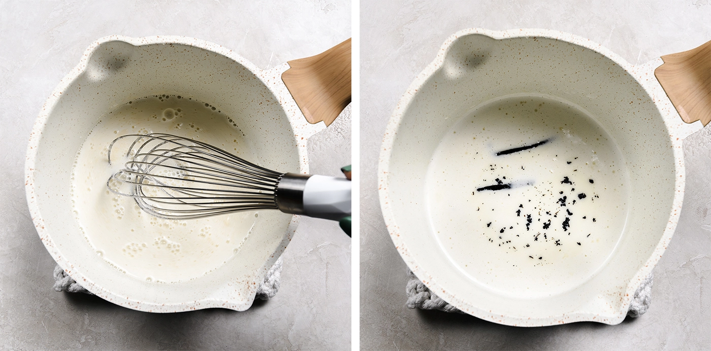 Heated milk in a bowl, whisked with protein powder. Heated milk in a bowl, whisked with vanilla extract.
