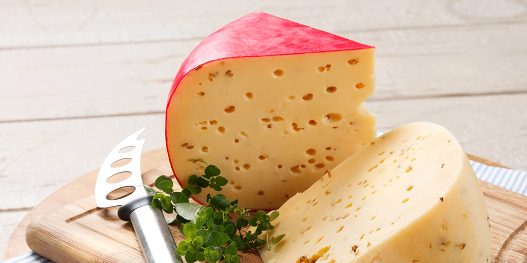 A piece of Gouda cheese with a wax rind presented with a cheese knife.