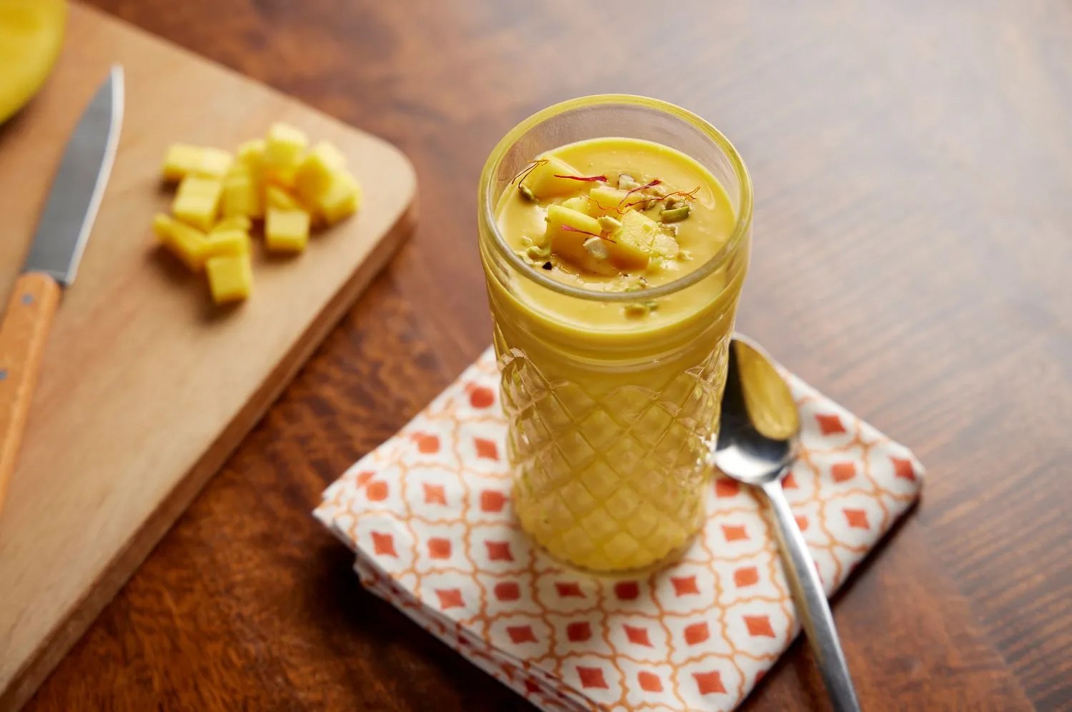 A glass of mango lassi.