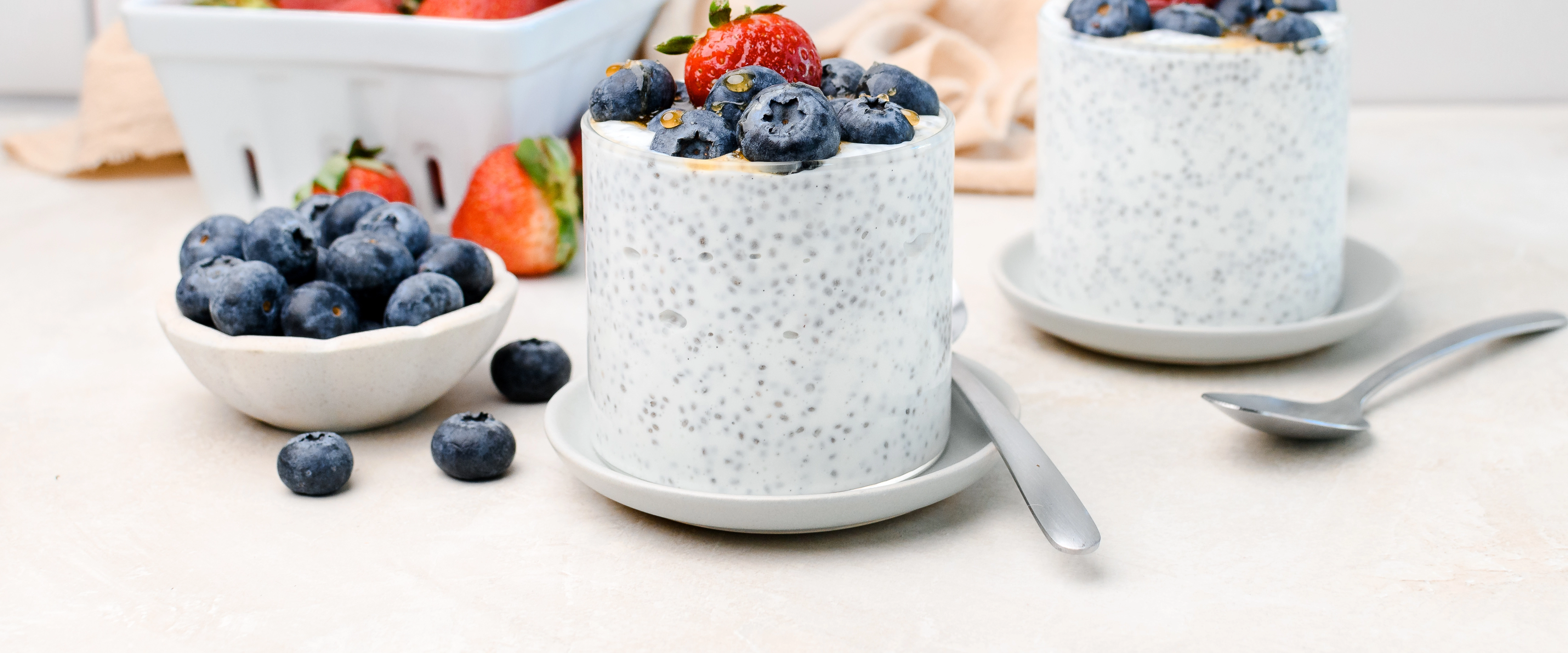 Chia seed pudding with Greek yogurt topped with fresh fruit.