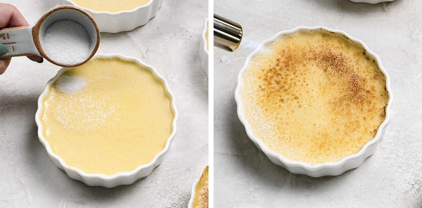 Creme brulee with Greek yogurt mixture in a ramekin topped with sugar. Creme brulee with Greek yogurt in a ramekin carmelized with a torch.